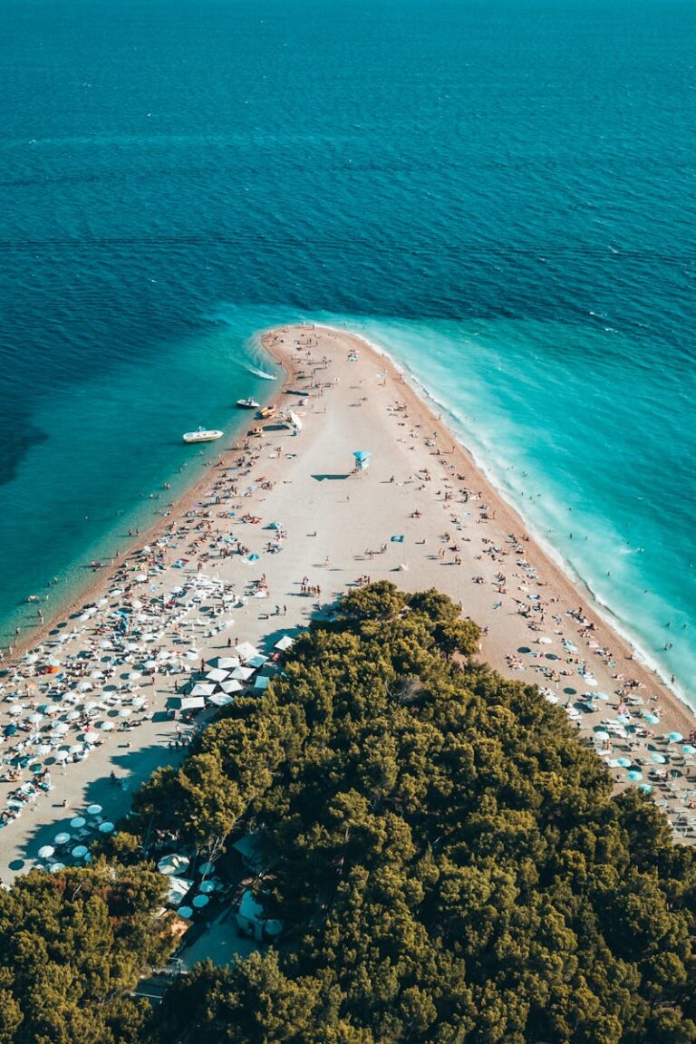 Stunning aerial view of Zlatni Rat beach in Bol, Croatia, showcasing turquoise waters and sandy peninsula.