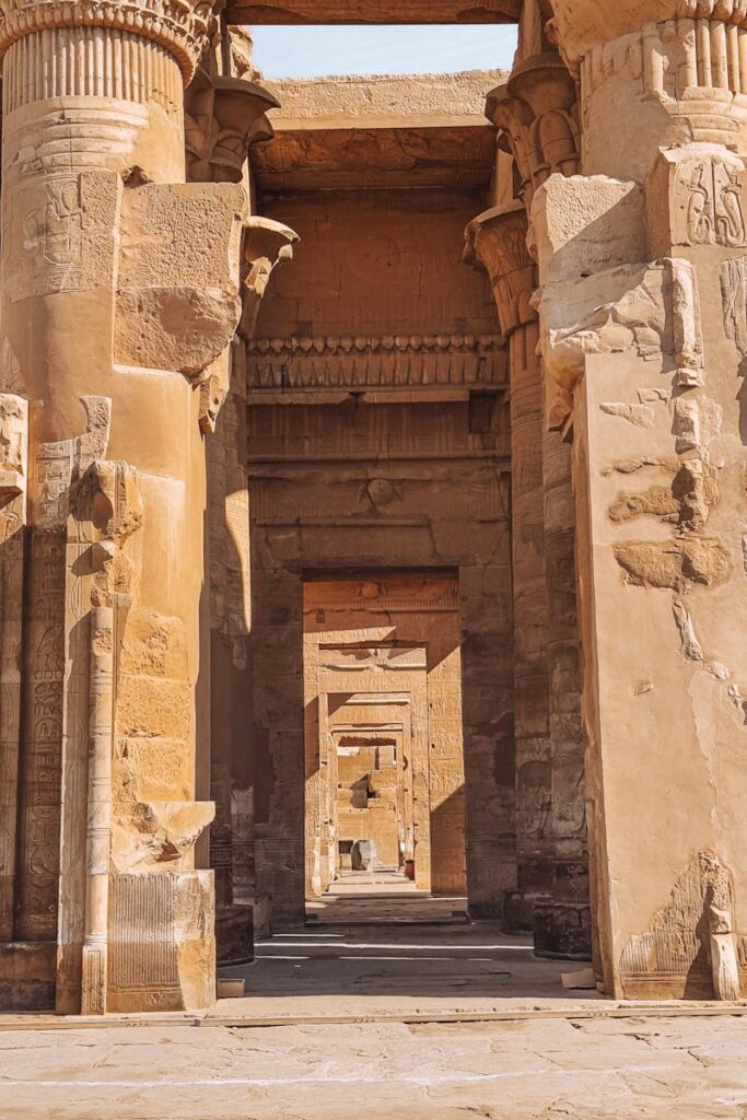 Majestic view of the timeless stone columns at Kom Ombo Temple in Egypt.